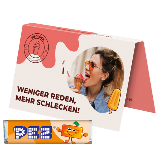 Werbekarte Visitenkartenformat, PEZ Bonbonriegel Orange