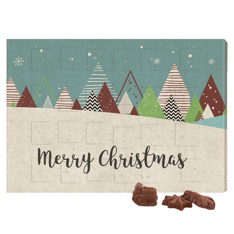 Classic Wand Adventskalender, Graspapier, Querformat, Blister gefüllt, Friedel Vollmilch-Schokotäfelchen