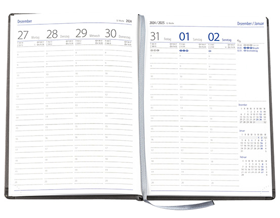 Wochenkalender "Klassik D" im Format 14,5 x 20,5 cm, deutsches Kalendarium Grau/Blau mit Leseband, 144 Seiten Fadenheftung, Eckenperforation, Einband Balacron weiß
