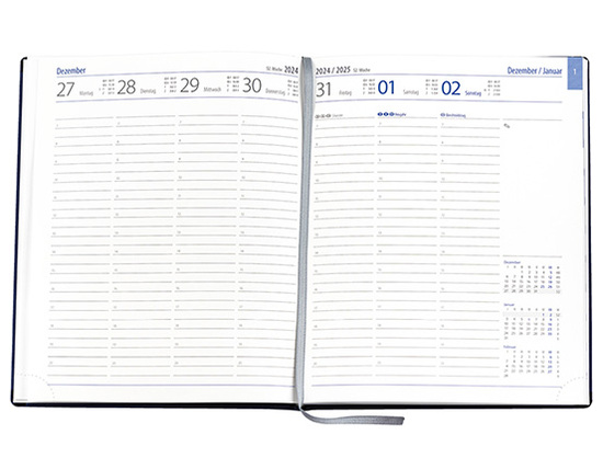 Wochenkalender "Manager D" im Format 21 x 26 cm, deutsches Kalendarium Grau/Blau mit Leseband, 144 Seiten Fadenheftung, Eckenperforation, Einband Magic mittelblau