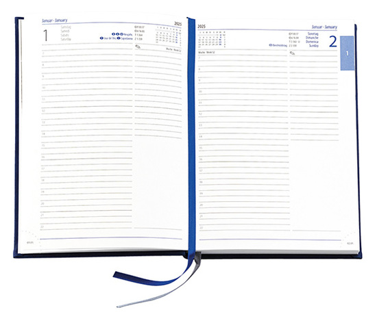 Buchkalender "Daily Chefkalender INT" im Format 14,5 x 20,5 cm, Kalendarium 4-sprachig D/F/I/GB Grau/Blau mit 2 Lesebändern, 416 Seiten Fadenheftung, Eckenperforation, Einband Fashion dunkelblau