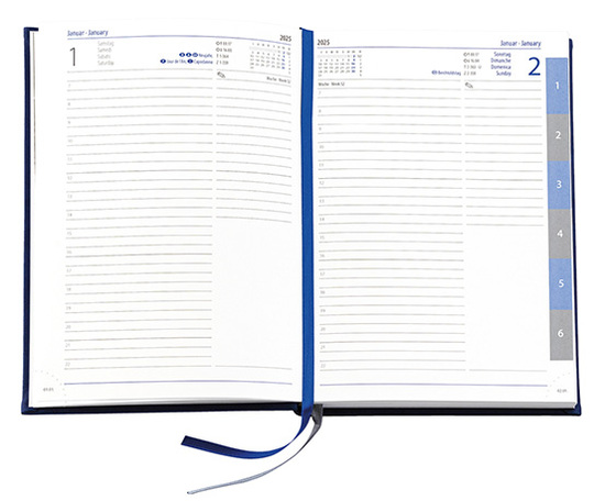 Buchkalender "Daily Chefkalender Register INT" im Format 14,5 x 20,5 cm, Kalendarium 4-sprachig D/F/I/GB Grau/Blau mit 2 Lesebändern und Registerstanzung, 416 Seiten Fadenheftung, Eckenperforation, Einband Magic hellbraun
