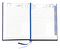 Buchkalender "Daily Chefkalender Register INT" im Format 14,5 x 20,5 cm, Kalendarium 4-sprachig D/F/I/GB Grau/Blau mit 2 Lesebändern und Registerstanzung, 416 Seiten Fadenheftung, Eckenperforation, Einband Magic hellbraun