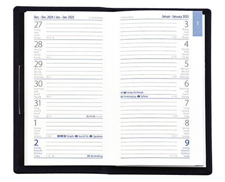 Taschenplaner "Exquisit" im Format 9,5 x 16 cm, Kalendarium 4-sprachig D/F/I/GB Grau/Blau, 64 Seiten gebunden + 16 Seiten ABC-Heft, eingesteckt in PVC-Hülle rot