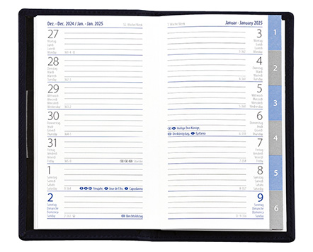 Taschenplaner "Exquisit Register INT" im Format 9,5 x 16 cm, Kalendarium 4-sprachig D/F/I/GB Grau/Blau mit Registerstanzung, 64 Seiten gebunden + 16 Seiten Adressheft Register, eingesteckt in Slinky-Hülle rot