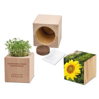 Pflanz-Holz Grande mit Samen - Sonnenblume, 1 Seite gelasert